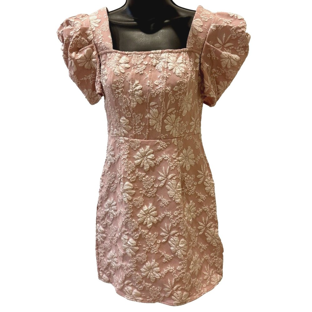 SHEIN MOD Womens Floral Jacquard Puff Sleeve Dress Size S /4 Dusty Rose Pink NEW